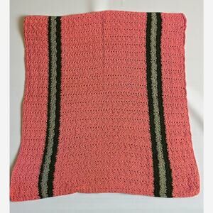 Hand Knit Blanket CottageCore Chunky Coral Gray Black 44" x 41.5" NEW Craft